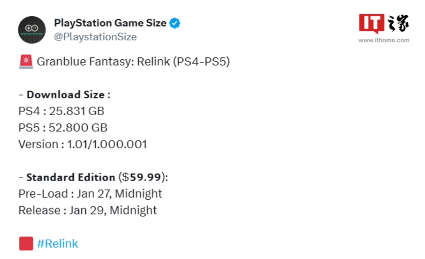 RPG游戏《碧蓝幻想Relink》PS4/PS5版容量曝光，1月27日开启预载