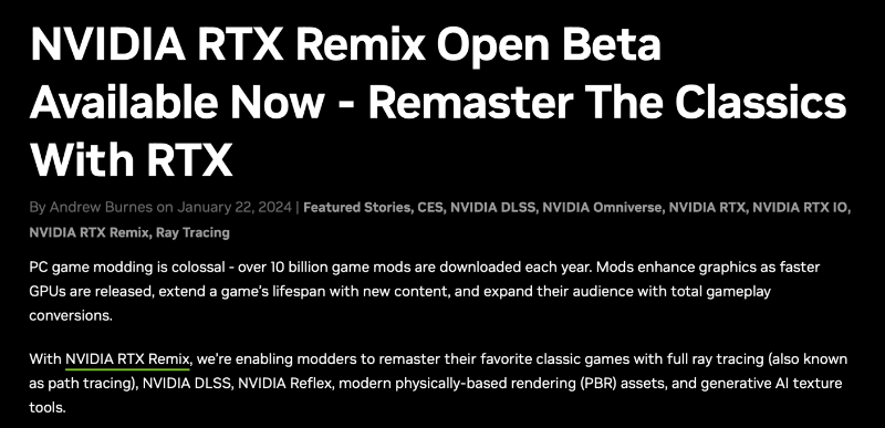 英伟达RTXRemix公测版正式上线，一键为经典DX8/9游戏增加光追及DLSS支持