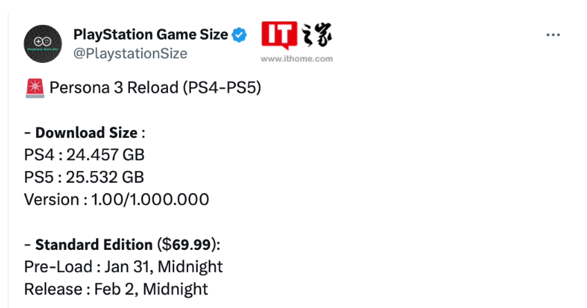 消息称《女神异闻录3：Reload》PS4/5版本1月31日开启预载，游戏2月2日发售